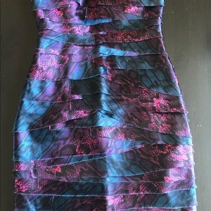 BeBe tier multicolored strapless cocktail dress